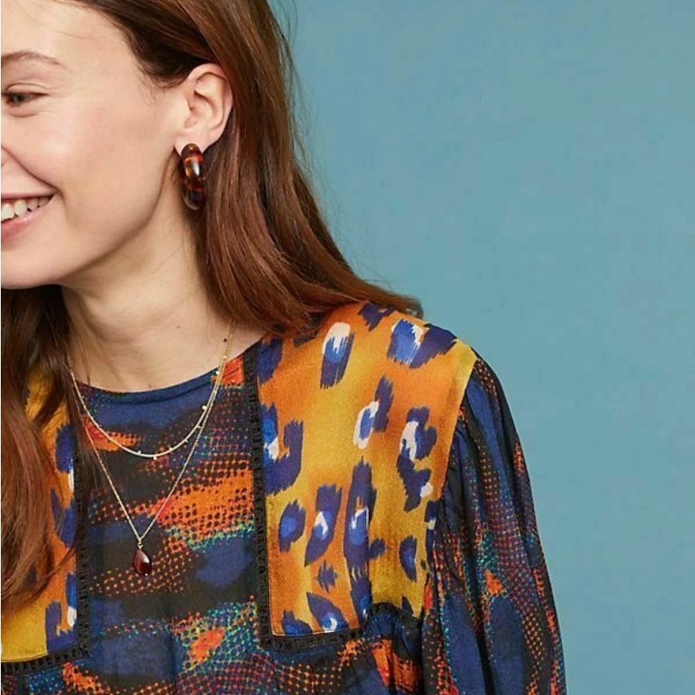Anthropologie Blank London Eclectic Leopard Peasant Blouse Blue Orange Medium - Picture 2 of 12